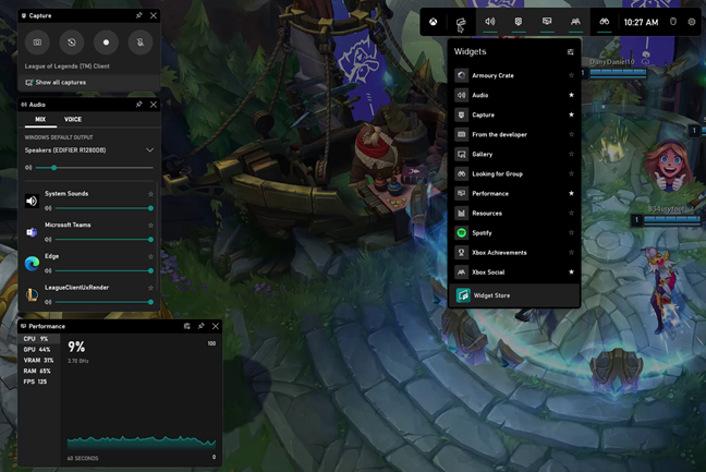 The Xbox Game Bar overlay in Windows 11 while playing League of Legends