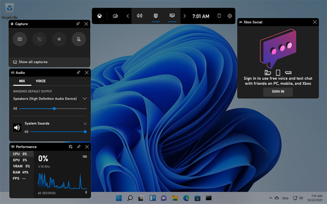 Xbox Game Bar in Windows 11 on the desktop