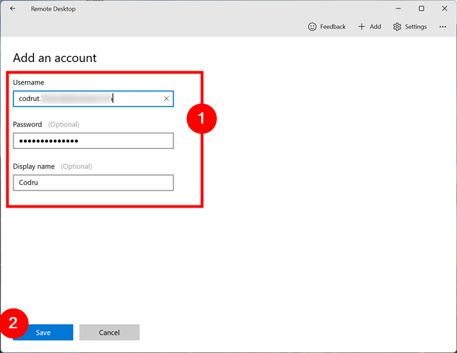 Adding a user account for the remote desktop computer