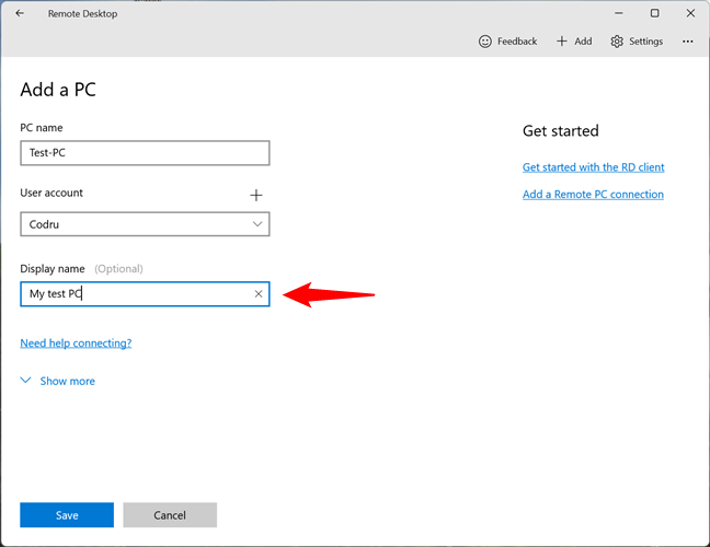 Choosing a display name for the remote desktop connection