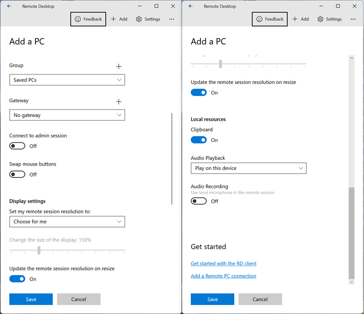 The configuration options available for a remote computer