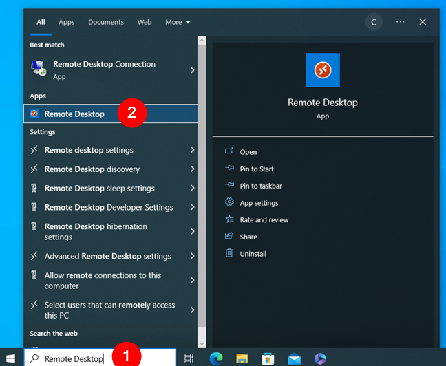 Search and open the Remote Desktop app in Windows 10