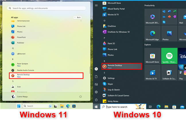 The Remote Desktop shortcut in the Start Menu