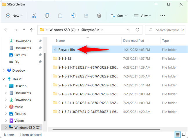 The Recycle Bin in File Explorer