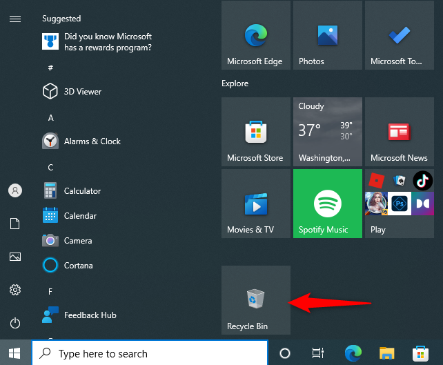 Add Recycle Bin to the Windows 10 Start Menu