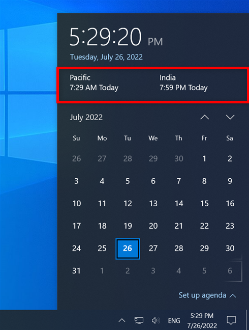 The additional clocks, as displayed in Windows 10
