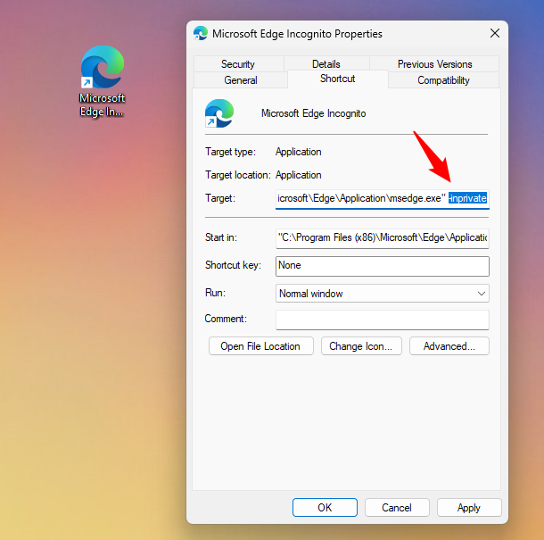 To create a Windows shortcut with parameters, you have to add the arguments to its target