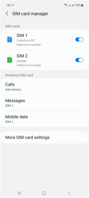 The SIM card manager on Samsung Galaxy