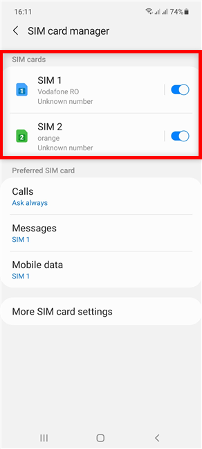 Your SIM cards are shown at the top