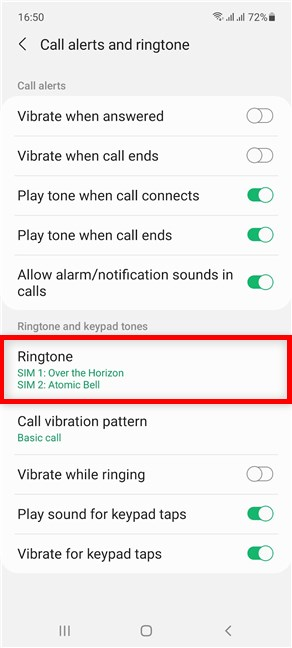 Access Ringtone to change the shown settings