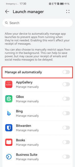 Disable Manage all automatically