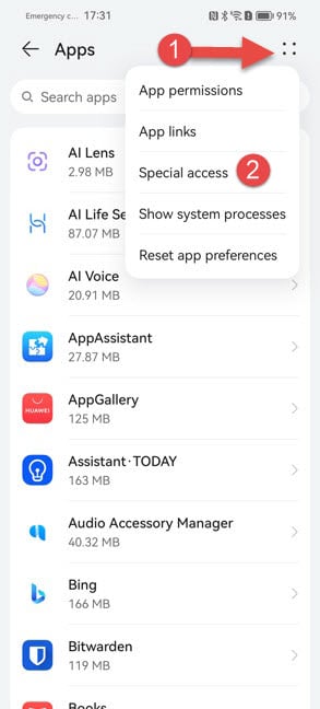  Tap the four dots and then on Special access