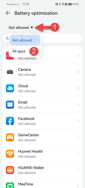 Tap on Not allowed and choose All apps