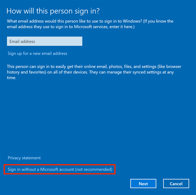 Choose to add a non-Microsoft account