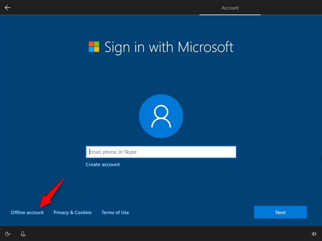 Opting to use an offline account instead of a Microsoft account