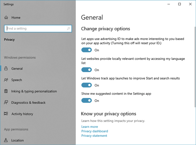Changing privacy options in Windows 10