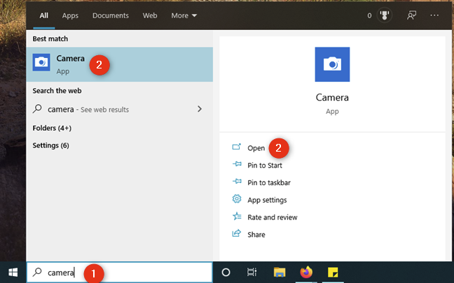 Search for the Camera app in Windows 10