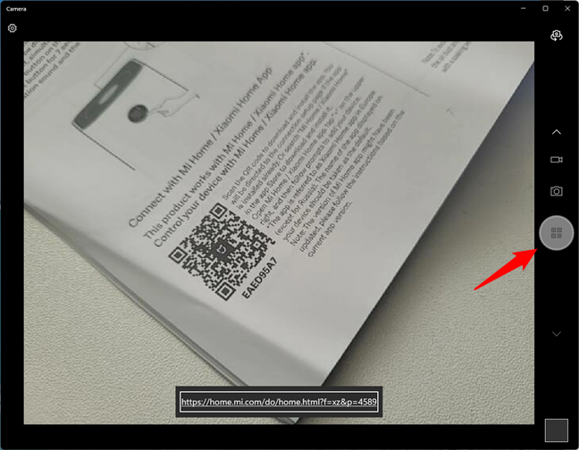 Using the Windows Camera app to scan a QR code