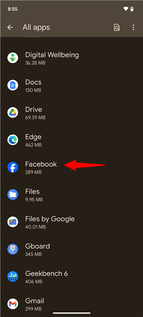 Locate and select the app to reset on your Android device