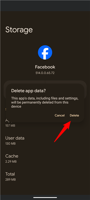 Confirm the removal of the appâs data and settings