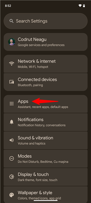In Android Settings, tap Apps
