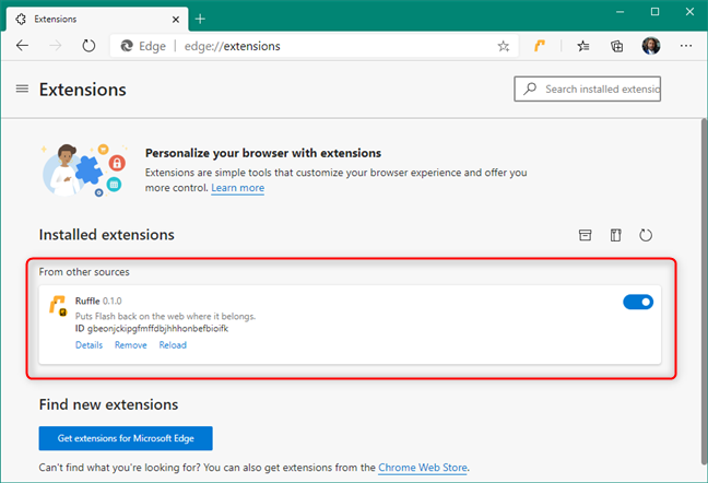 The Ruffle Flash Edge extension is installed and enabled