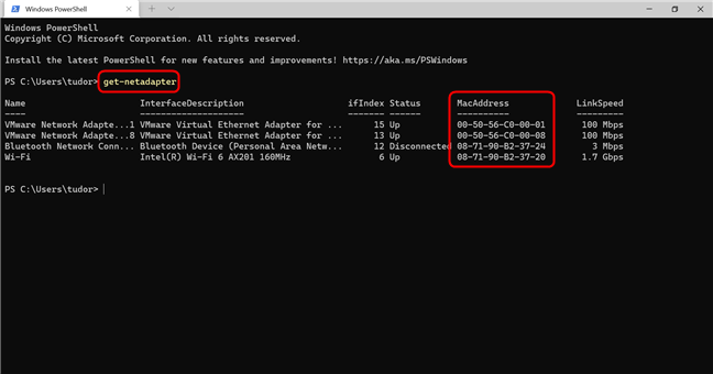 Identify the MAC address with the get-netadapter command in PowerShell