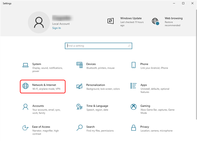 Access Network & Internet section of the Settings app in Windows 10
