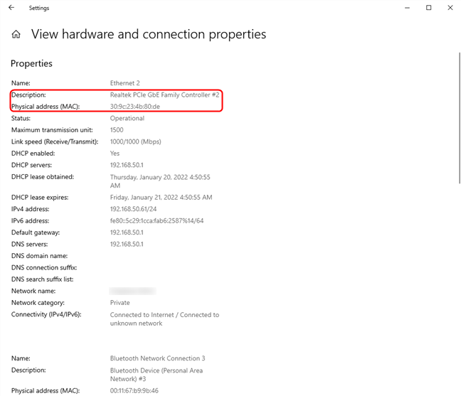 Identify the adapter, then look for the Physical address (MAC) field