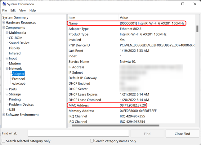 Get the MAC address of your network adapter using the System Information tool