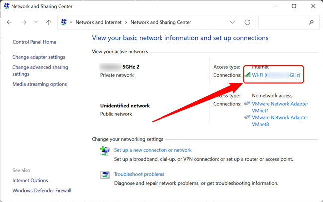 The active network connections are shown in the Network and Sharing Center