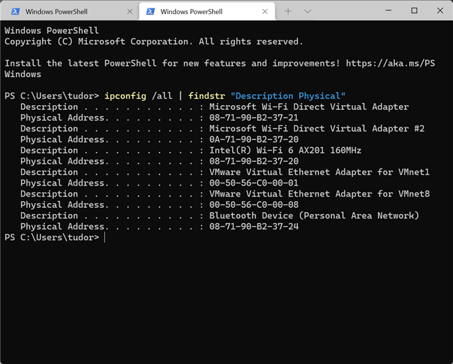 Get MAC addresses only, with the command: ipconfig /all | findstr "Description Physical"