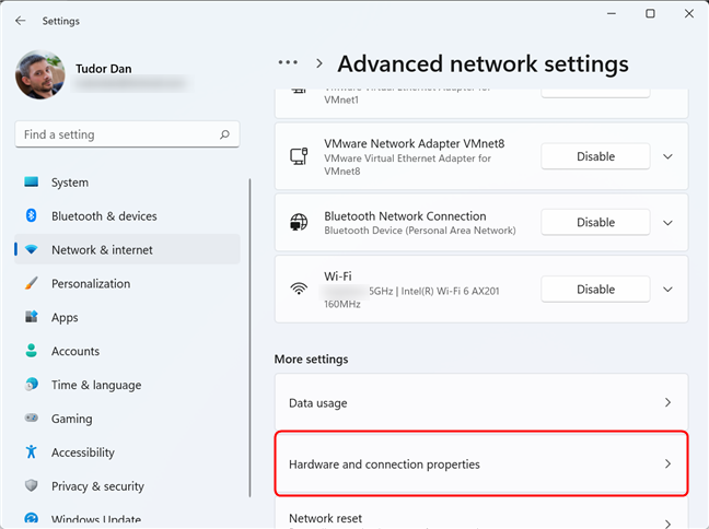 The Hardware and connection properties link displays useful information on all connections and adapters