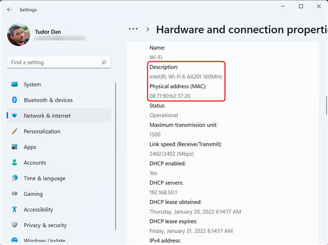 Scroll through the page and identify the adapter, then look for its MAC address