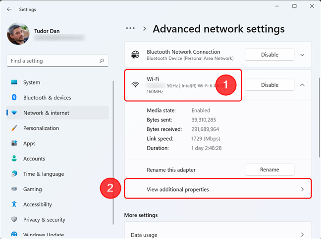 View additional properties for the selected network connection