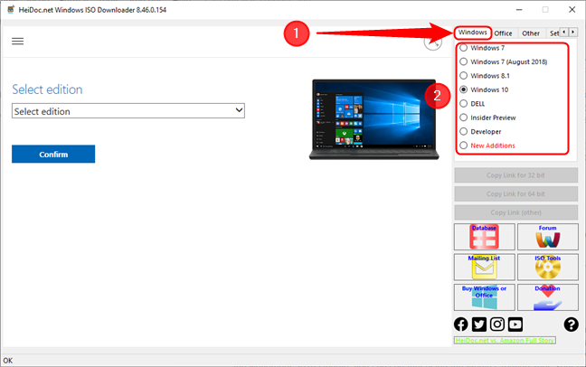Select the Windows tab, then select the Windows version