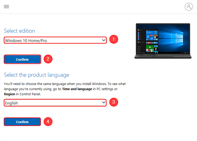 Choose the build and the language for the Windows image