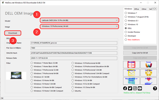 Each model has several compatible Windows versions