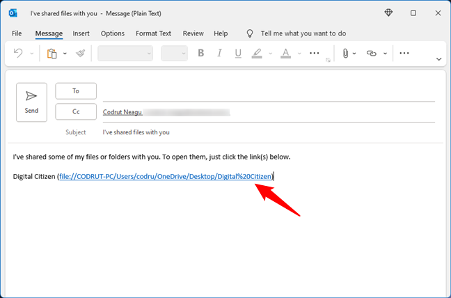 Sending an email with the shared file link