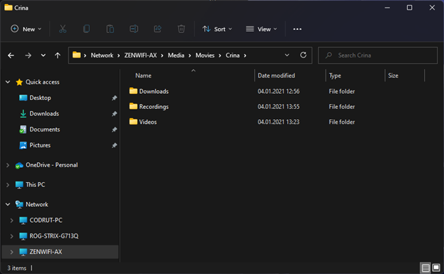 The folders and files shared on a network device