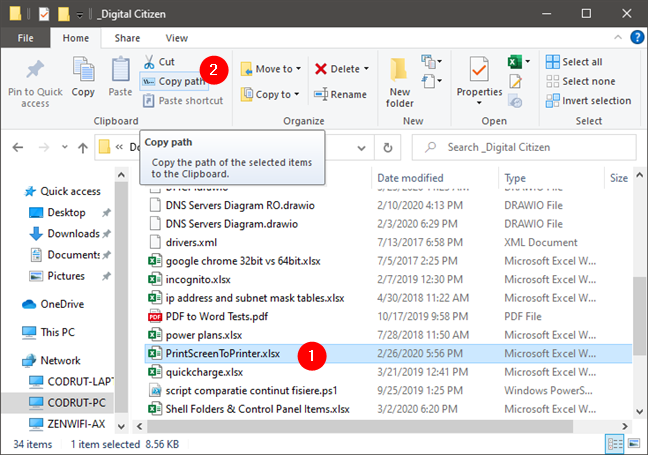 Copy path for a file in File Explorer, on Windows 10