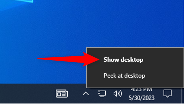 The Show desktop menu in Windows 10