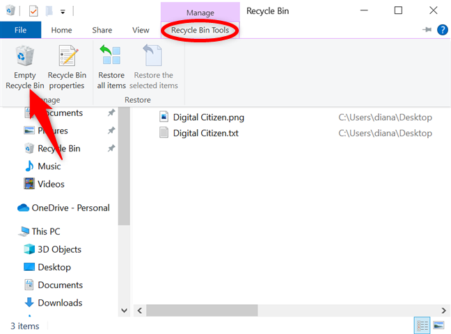 Empty Recycle Bin in Windows 10