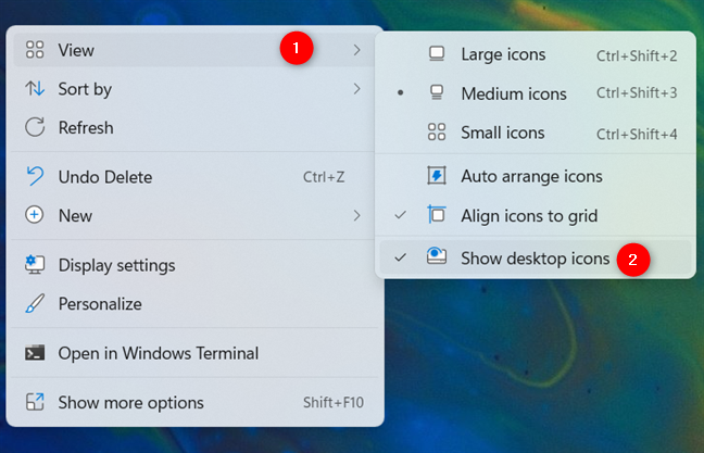 Hide all desktop icons by unchecking the option
