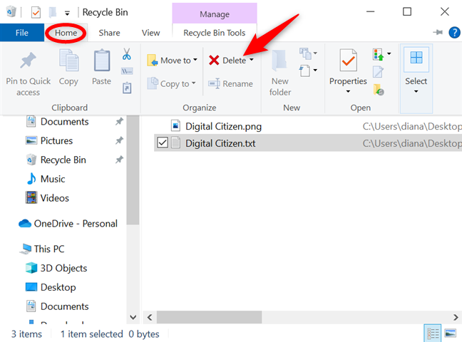 Press Delete on the ribbon to permanently remove items from the Recycle Bin