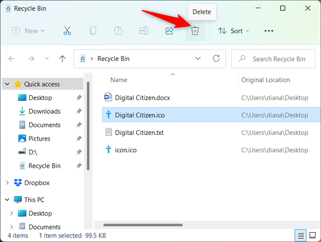 Use the Delete button found in the Windows 11 Recycle Bin folder