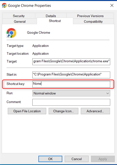 Go to Shortcut > Shortcut key