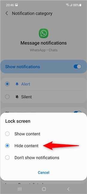 How to hide notification content on WhatsApp on Samsung Galaxy