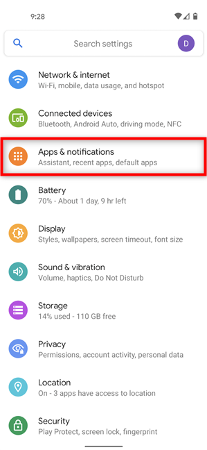 Access the Apps & notifications Settings