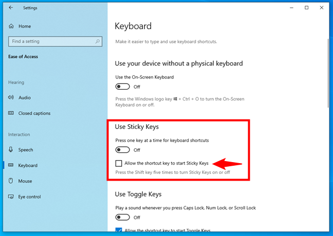How to turn off Sticky Keys in Windows 10